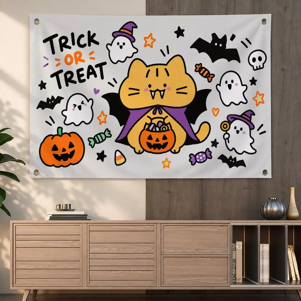 Cute Adorable Halloween Illustration Cute Doodle Ghost Halloween Flags Indoor Outdoor Wall Hanging Flag Decor Banner Wall Decor