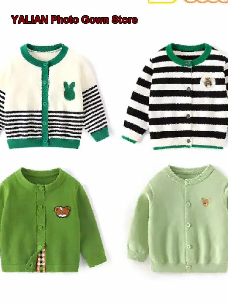 Kids Boys Girls Infant Single Layer Round Neck Striped Button Front Knit Top Coat Spring Autumn
