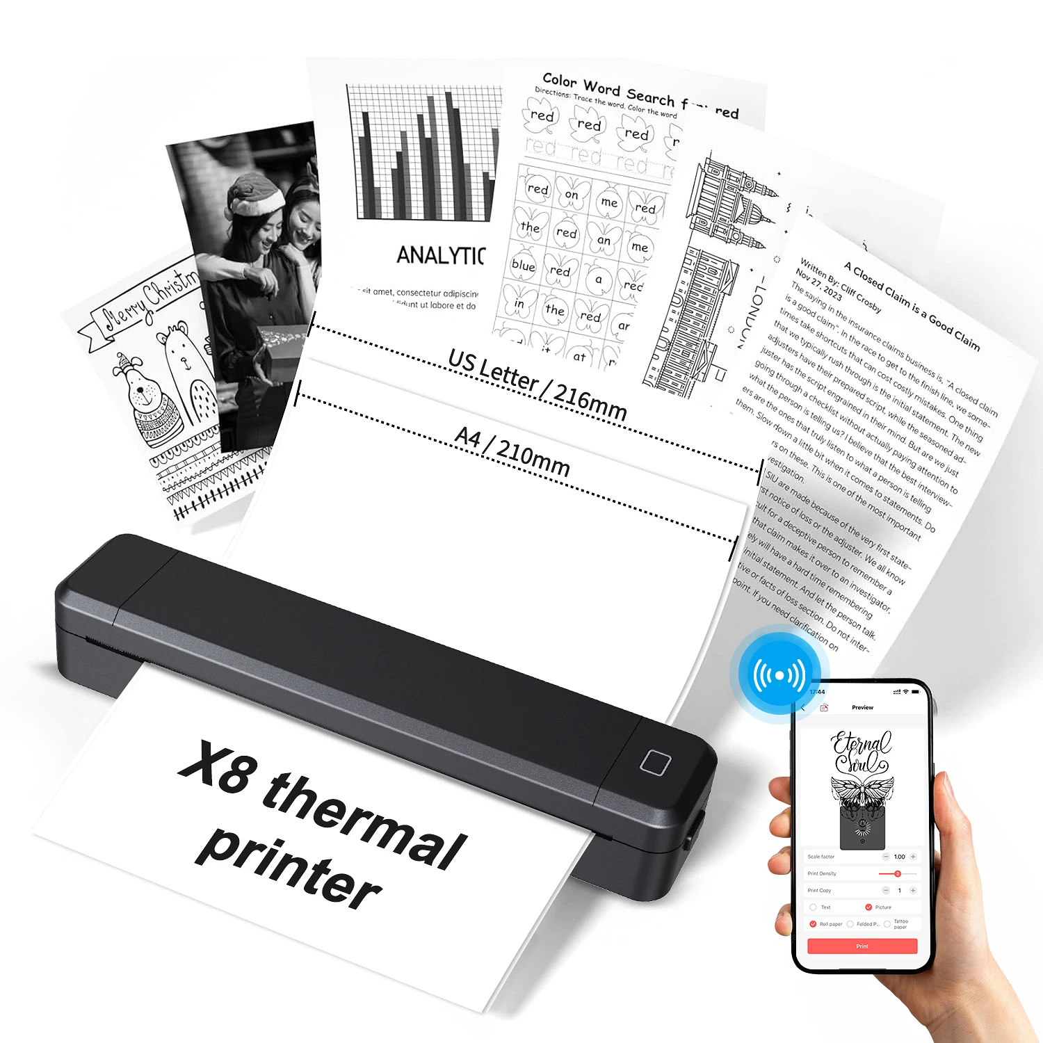 New Bluetooth Inkless Printer D210 X8 Portable Thermal HD Printer Compatible with iPhone Android Mac Window Office Electronics