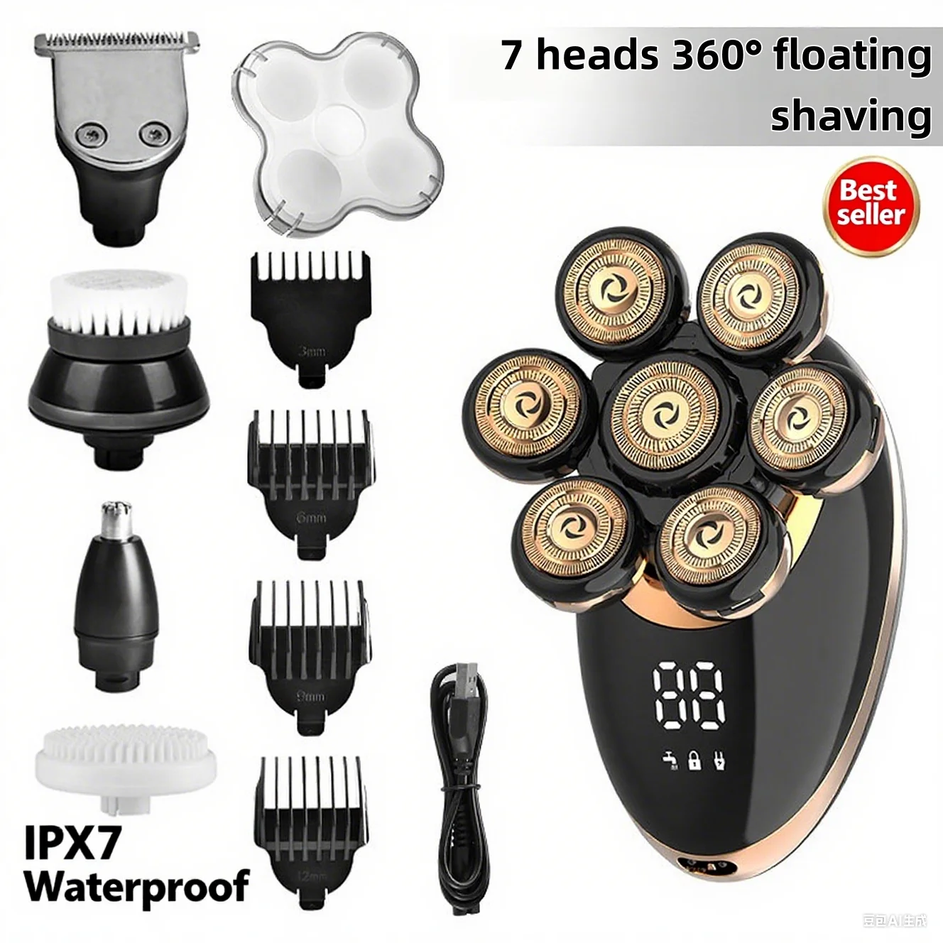 

Электробритва, 7 головок, плавающий резак, станок для бритья, USB перезаряжаемый портативный триммер для бороды для мужчин, уход за бородой, путешествия