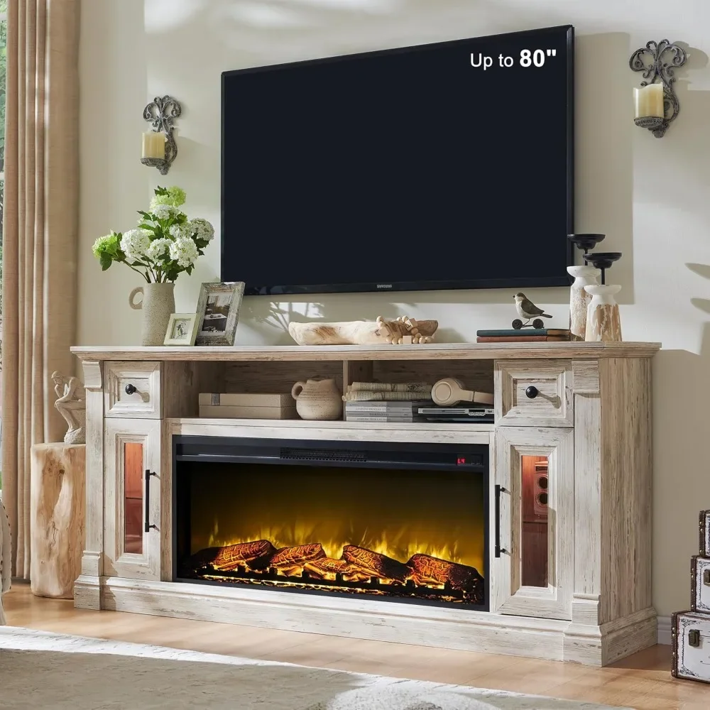 Support TV cheminée pour TV 80 ", centre de ferme avec cheminée électrique 42" et lumières LED, console multimédia en bois