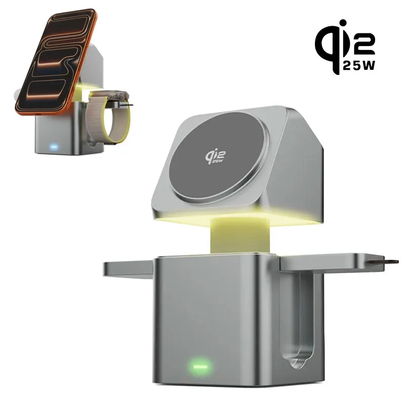 3 in 1 Magnetic QI2.2 25W Wireless Charger Touch Lift Light Control for iPhone 17 16 Apple Watch 11-3 Airpods Pro Fast Charging