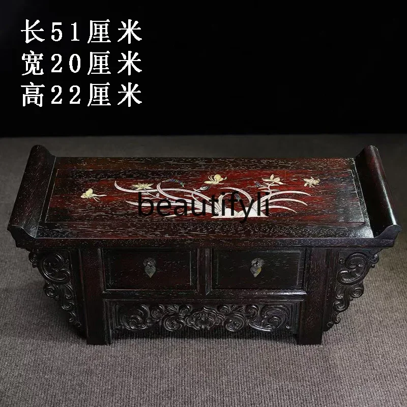 X Small Leaf Red Sandalwood Carved Table Case Incense Case with Drawer Side Table Altar Table Buddha Shrine Ornament