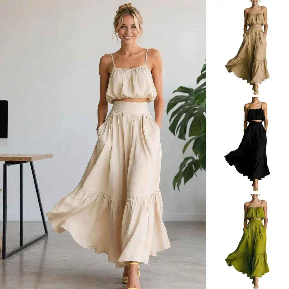 Summer 2 Piece Skirt Set for Women, Sleeveless Spaghetti Strap Top And High Waist Ruffle Skirt Vacation Travel Outfits