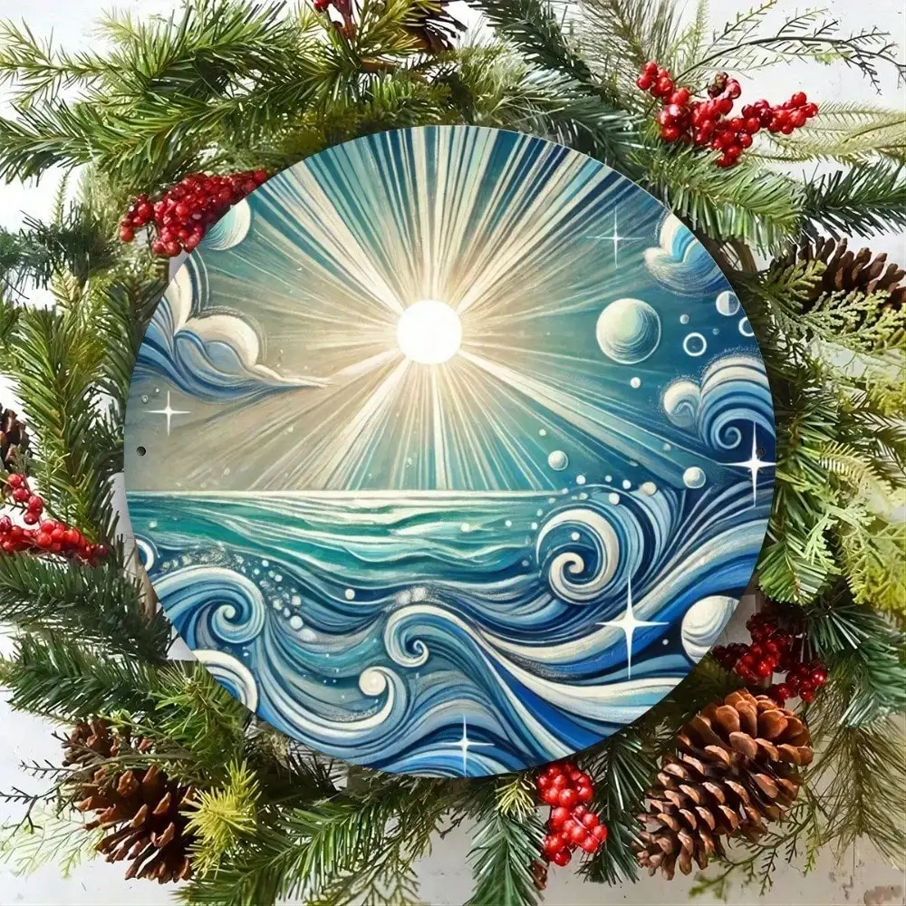 2D Flat High Definition Metal Wall Art Mystical Fantasy Ocean Wave with Radiant Sunburst Starry Universe and Swirling Clouds Abs