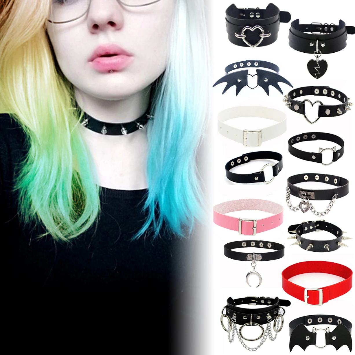 Pink Gothic Chain Necklace Leather Choker Party Punk Chokers Collar Goth Necklaces Women Black PU Kawaii Witch Rave Jewelry