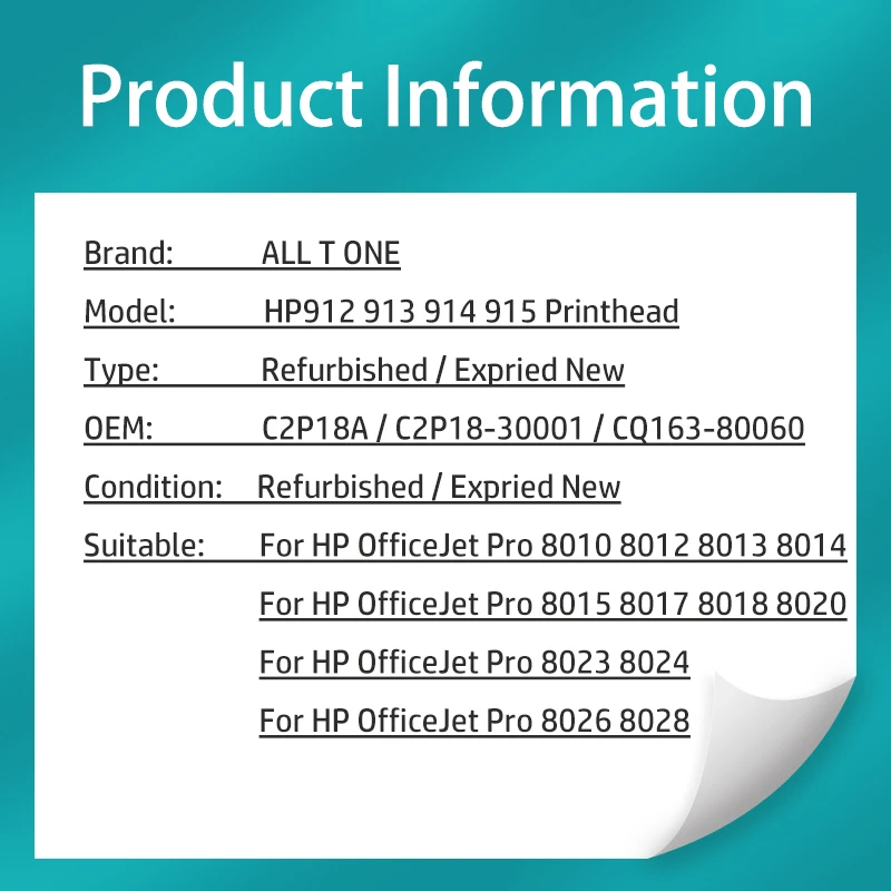 Cabeça de impressão para HP, 912, 913, 914, 915, 8012, 8013, 8014, 8015, 8017, 8018, 8020, 8022, 8023, 8024, 8025, 8026, 8028, 8035