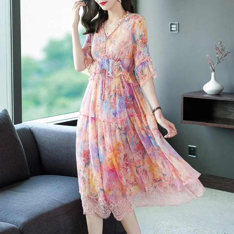 

Summer Dress Women Clothing Lace-paneled Mulberry Silk Dress Elegant Sweet Fairy Long Dresses For Women Birthday Dress Zm