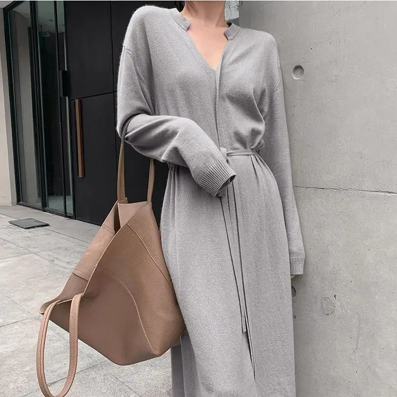 2024 Spring Autumn Fashion Simple Elegant Chic Lace Up V Neck Knitted Dresses for Women Casual Solid Long Sleeve Midi Dress Robe