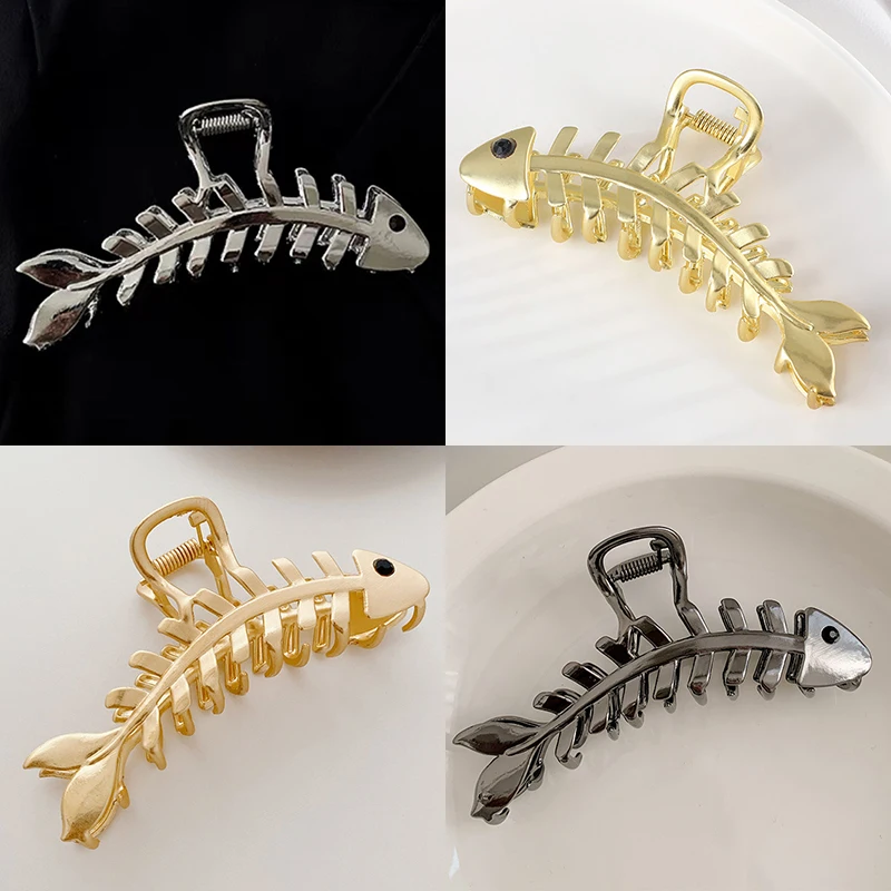 Pinzas para el pelo con diseño de huesos de pescado para mujer, horquillas grandes de Metal, pasadores de estilo Punk, accesorios para el cabello