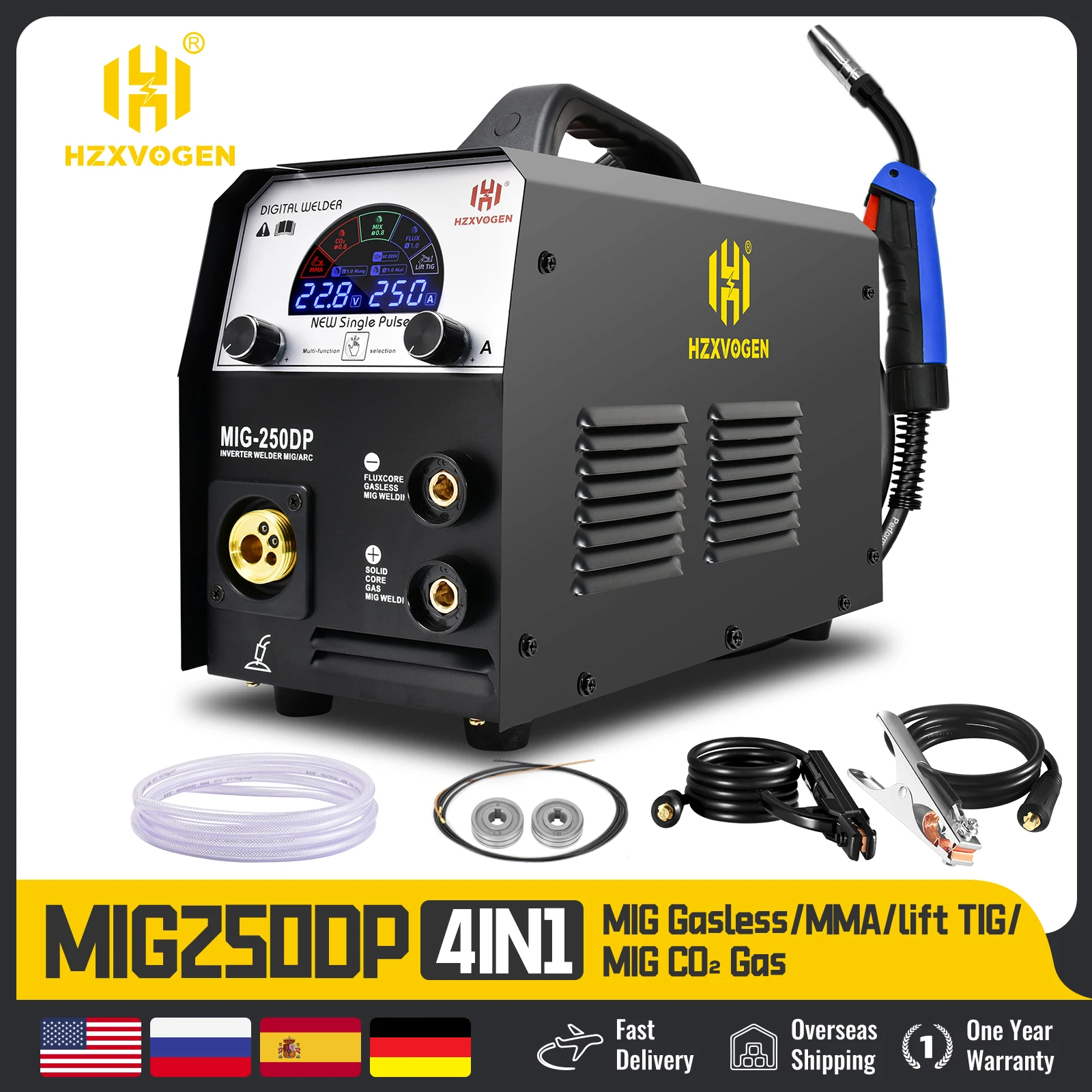 

HZXVOGEN MIG Welders 4 In 1 Pulse MIG250DP Gas/Gasless Mig ARC MMA Tig Semi-automatic Welding Machine For Aluminum