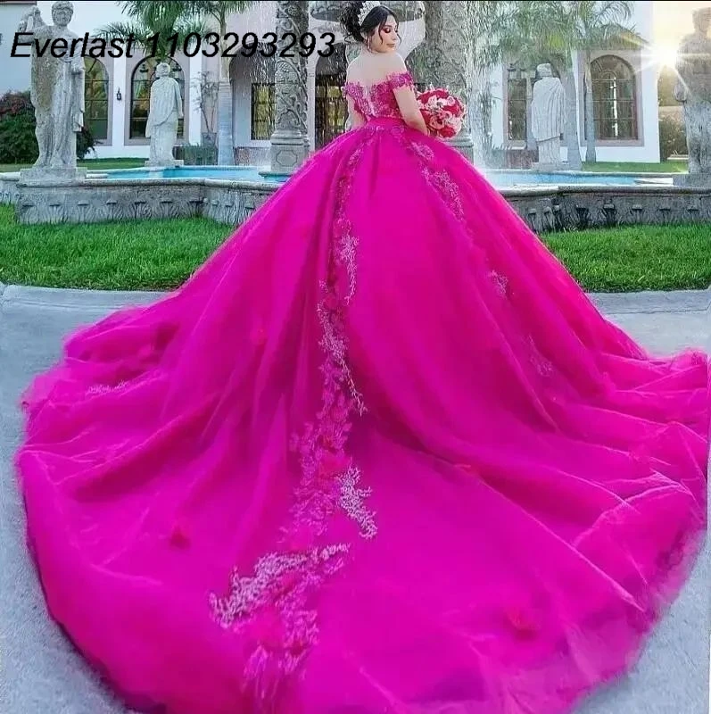 EVLAST Customized Fuchsia Quinceanera Dress Ball Gown Floral Applique Beaded Crystal Mexico Sweet 16 Vestido 15 De Años TQD252