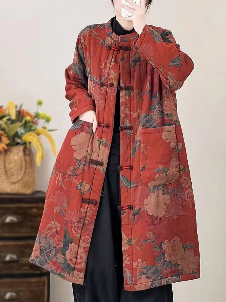 

Утепленное хлопковое пальто для женщин, зимнее, средней длины, с принтом, в этническом стиле, ретро, красное, для мам