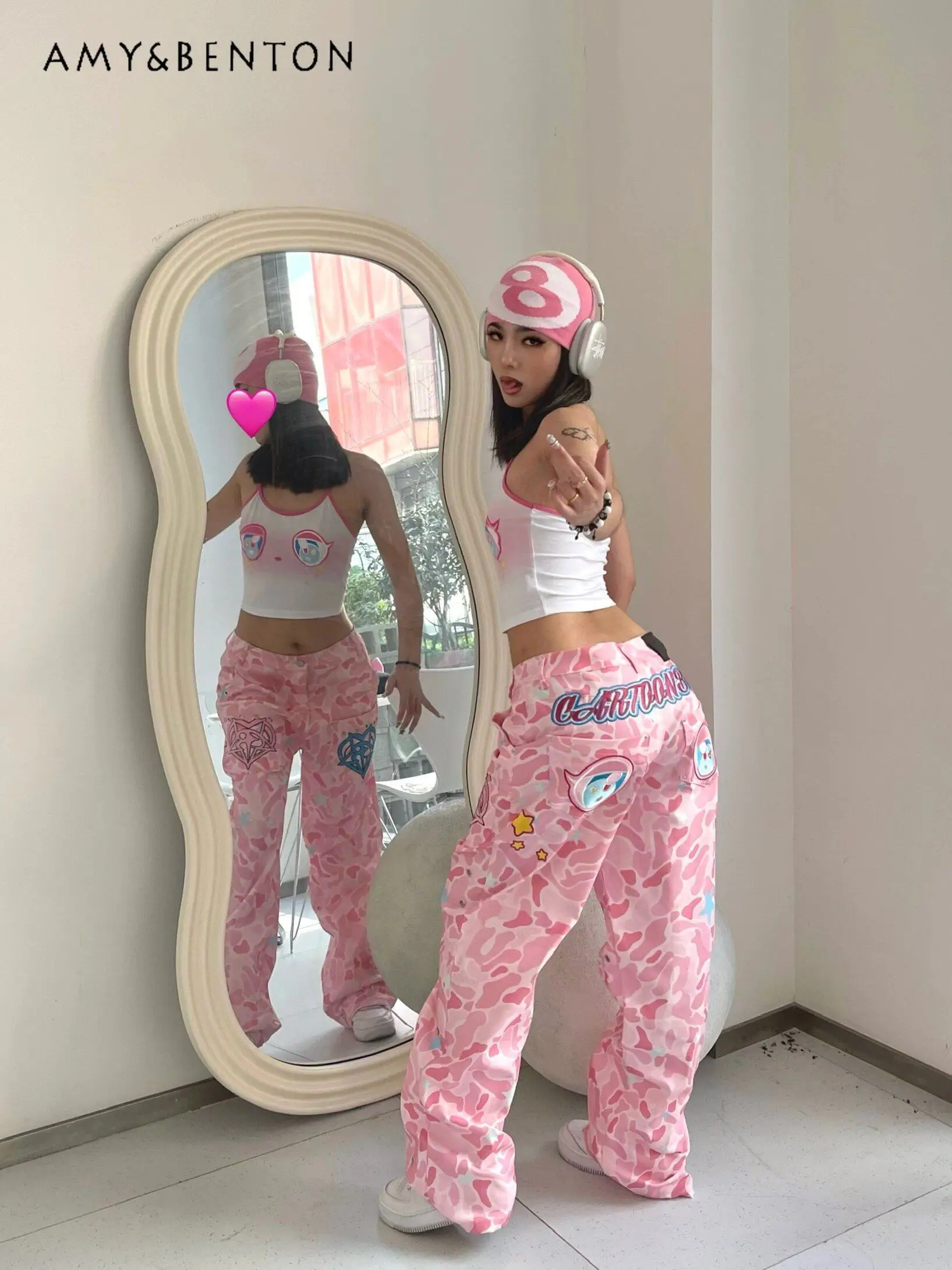 

Spring Autumn European American Embroidered Camouflage Jeans for Women Loose Casual Pink High-Waisted Straight-Leg Pants