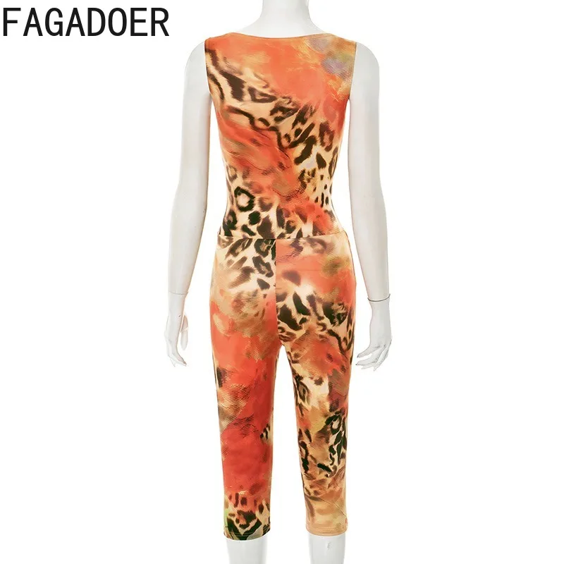 FAGADOER Sexy Leopard Print Jumpsuits Women Deep V-Neck Sleeveless Skinny One Piece Rompers Female Y2K Streetwear Overalls New