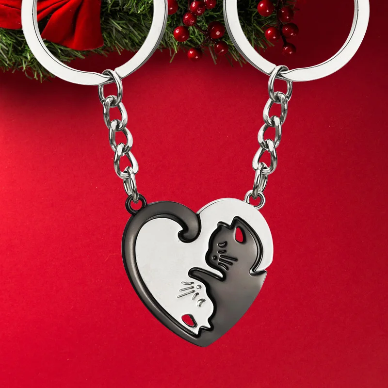 Hot Black White Animal Cat Couple Keychain Pendant  Love Heart Yin Yang Cats Key Chain Keyring Valentine's Day Gifts