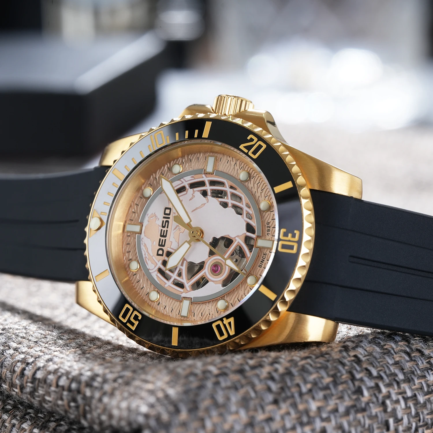 DEESIO Men's Luxury Full Automatic Mechanical Watch - Black &Golden Skeleton Dial Luminous Self-winding Wristwatch with High Hardness Mineral Glass & Soft Silicone RubberBand, 100M Water Resistant Business Casual Sport AnalogRound Face, Gift for Men.