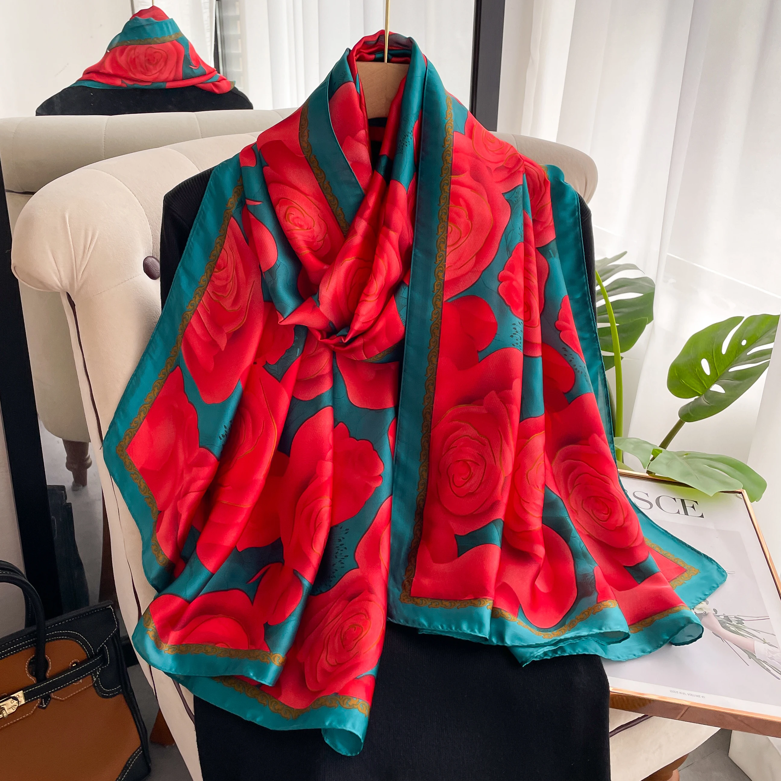 180*90cm classic Silk Scarf Women Foulard Office lady Large Fashion Print Beach Hijab shawl warp bandanna muffler pareo fashion