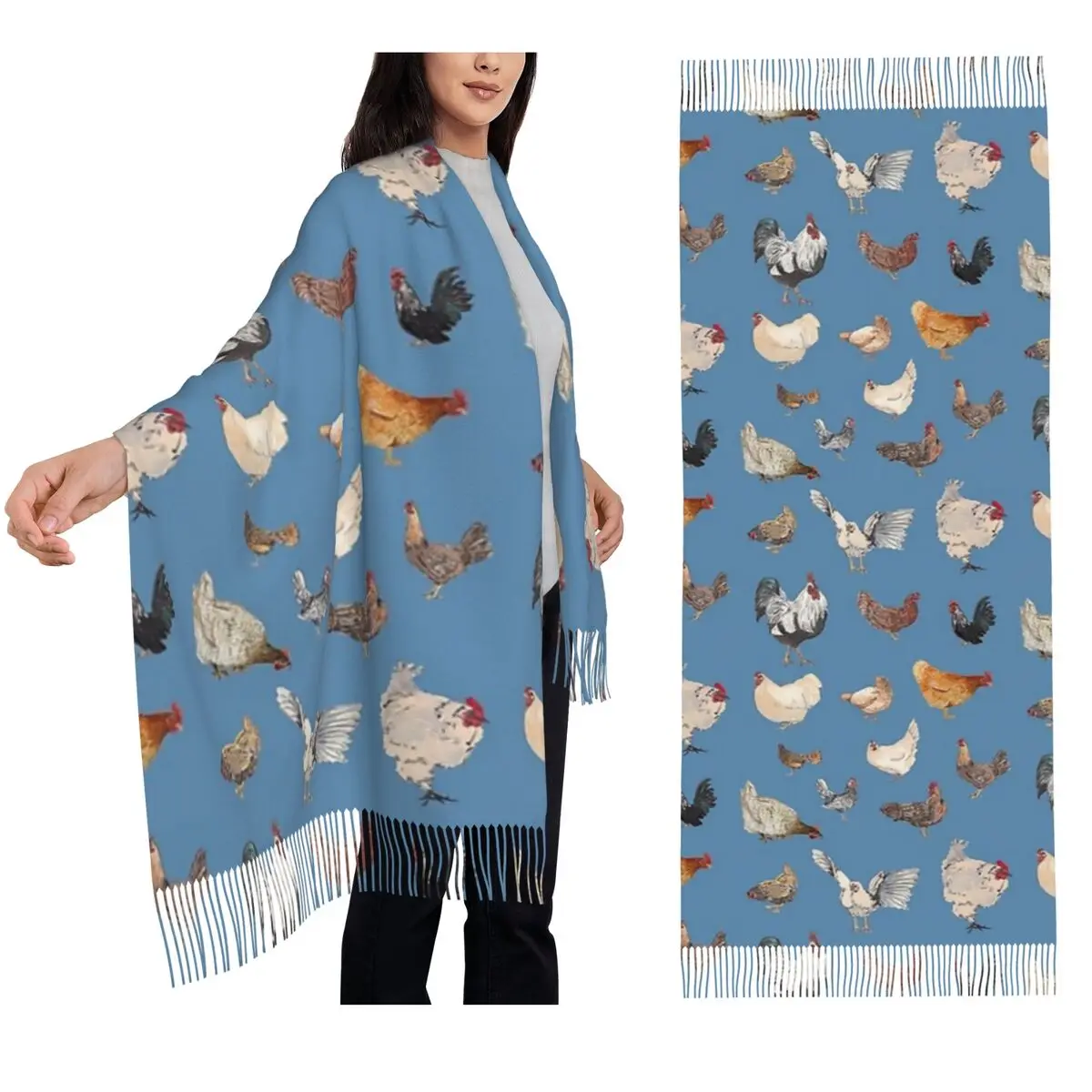 

Chicken Happy Print Scarf Tassel Scarves Women Soft Warm Shawls and Wraps Large Fall Winter Shawl Wrap