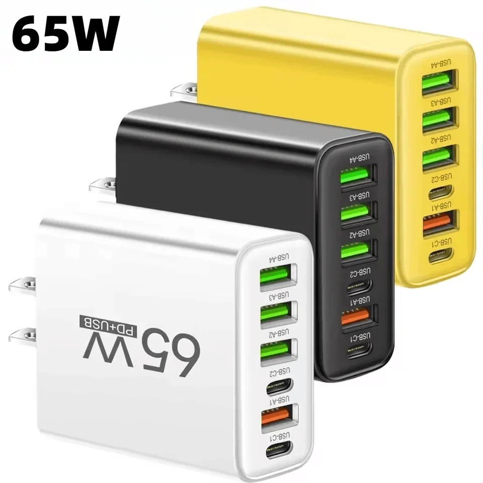 Multi Ports 65W 6-Port USB C Charger 2Type-C 4USB-A Fast Wall Adapter for iPhone Samsung Xiaomi Huawei EU/US Plug Travel Charger
