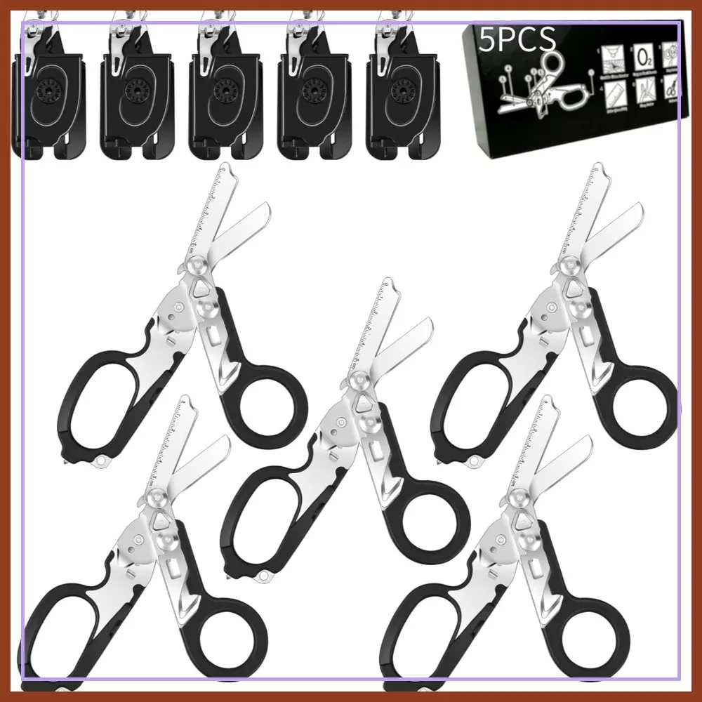

5PCS 6-in-1 Multi-function Foldable Trauma Shears with Holster, Emergency Scissors, Strap Cutter & Glass Breaker