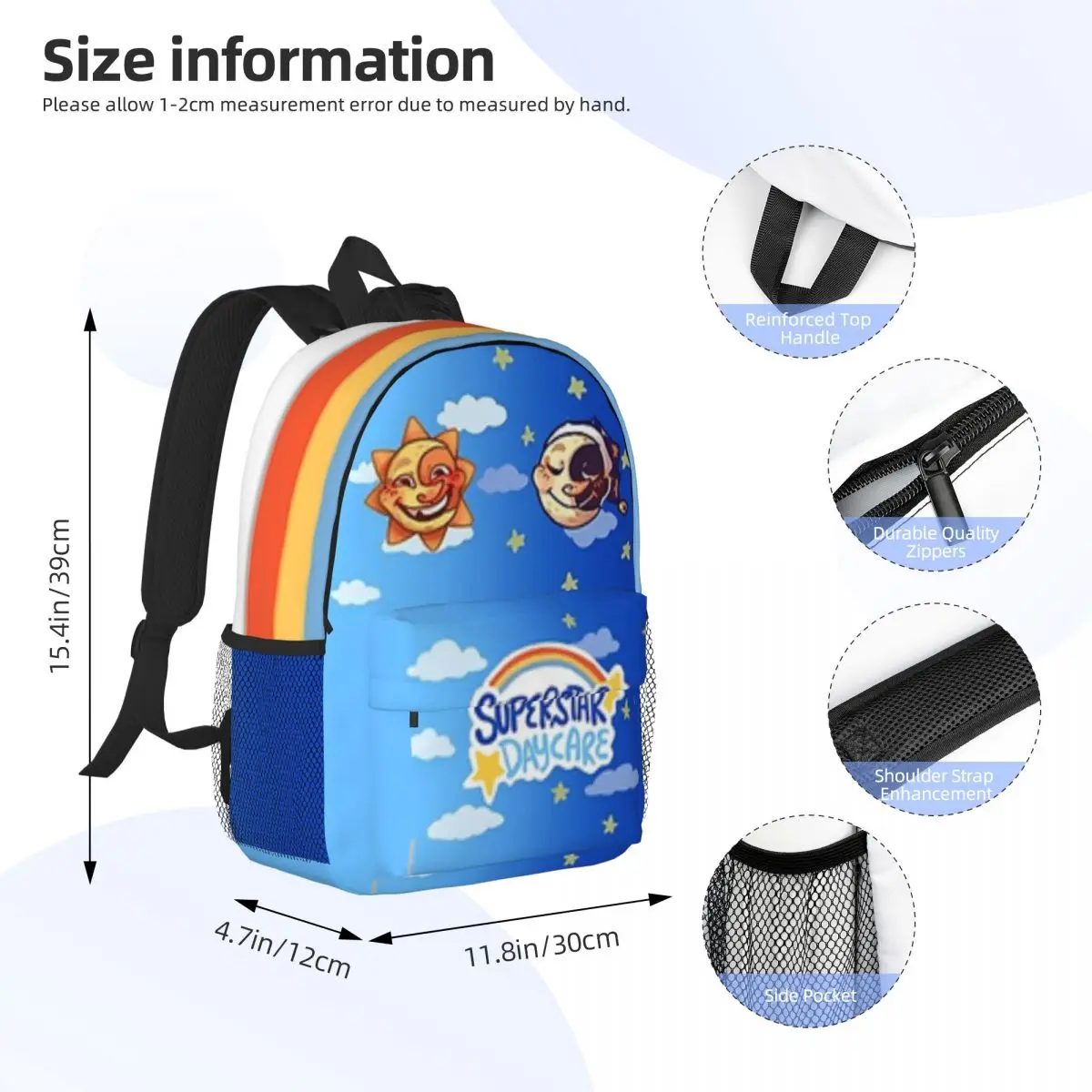 Mochila SuperStar Daycare Sun e Moon para meninas e meninos, mochila escolar dos desenhos animados do estudante, grande capacidade, 15 Polegada