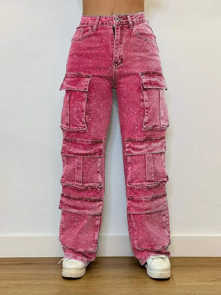 

Plus Size Women's High Waist Cargo Denim Jeans High Street with Full Rhinestones Sparkling Baggy Pants Streetwear Chic Trousers