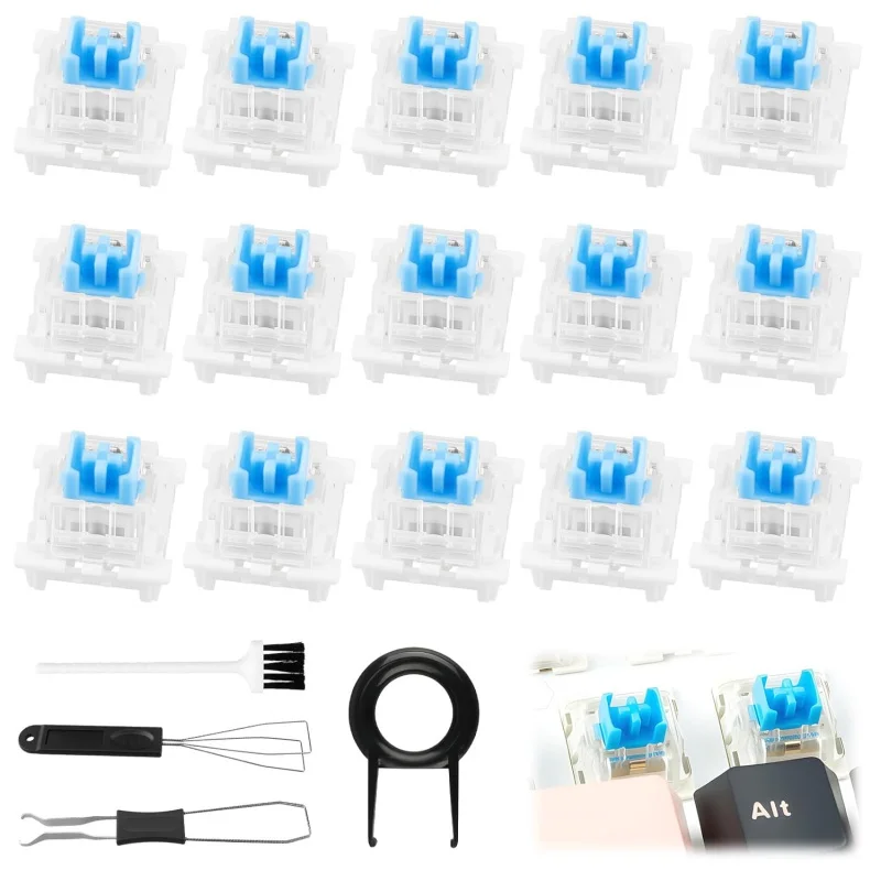 ITLY 15/50 Stück blauer Schalter-Ersatz mit 4 Stück Tastenkappen-Abzieher-Reinigungswerkzeug-Set, 3-polige mechanische Tastaturschalter