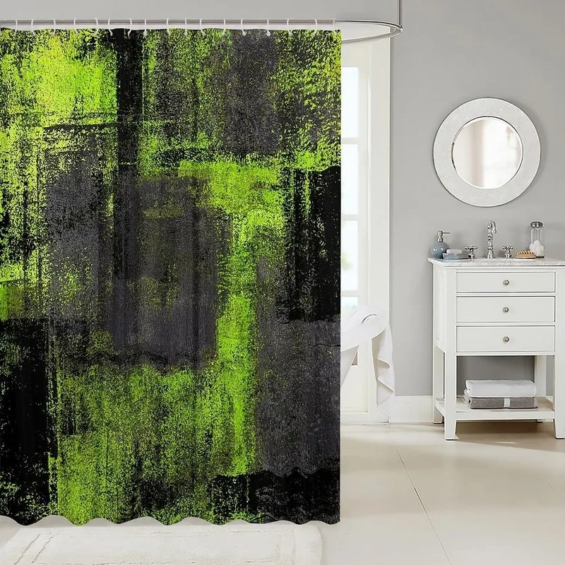 Black Green Abstract Oil Painting Textured Print Shower Curtain No Drill Bathroom Decor Waterproof Fabric Curtain with