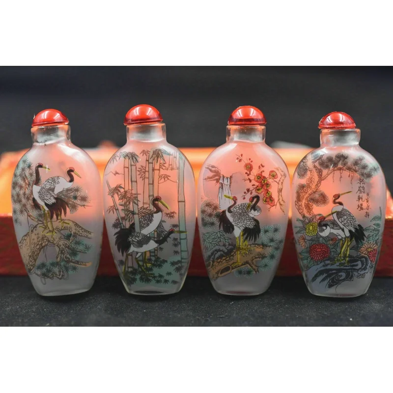 4pc Chinese folk Inside painted Four Seasons Hok glass SNUFF BOTTLE NN