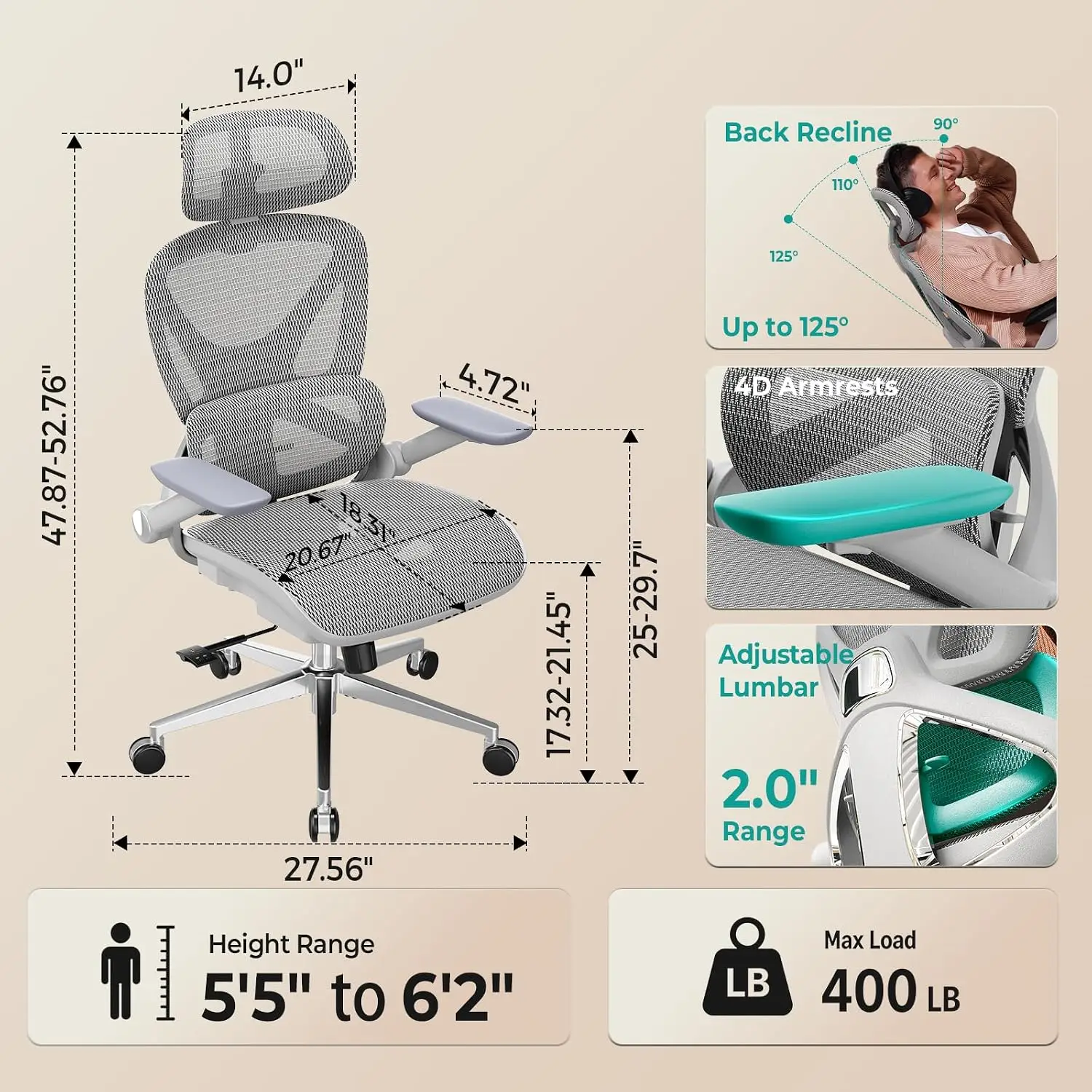 Ergonomic Mesh Office Chair, Adjustable Lumbar High Back Desk Chair 400lbs, 4D Flip-up Arms, 3 Tilt Backrest, 3D, Customized