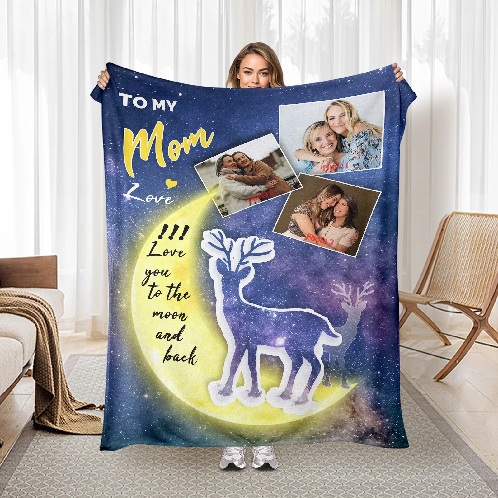 

​Personalized Mom Flannel Blanket 3 Photo Areas Custom photo Deer Moon Starry Design Mother's Day Gift Heartfelt Keepsake​