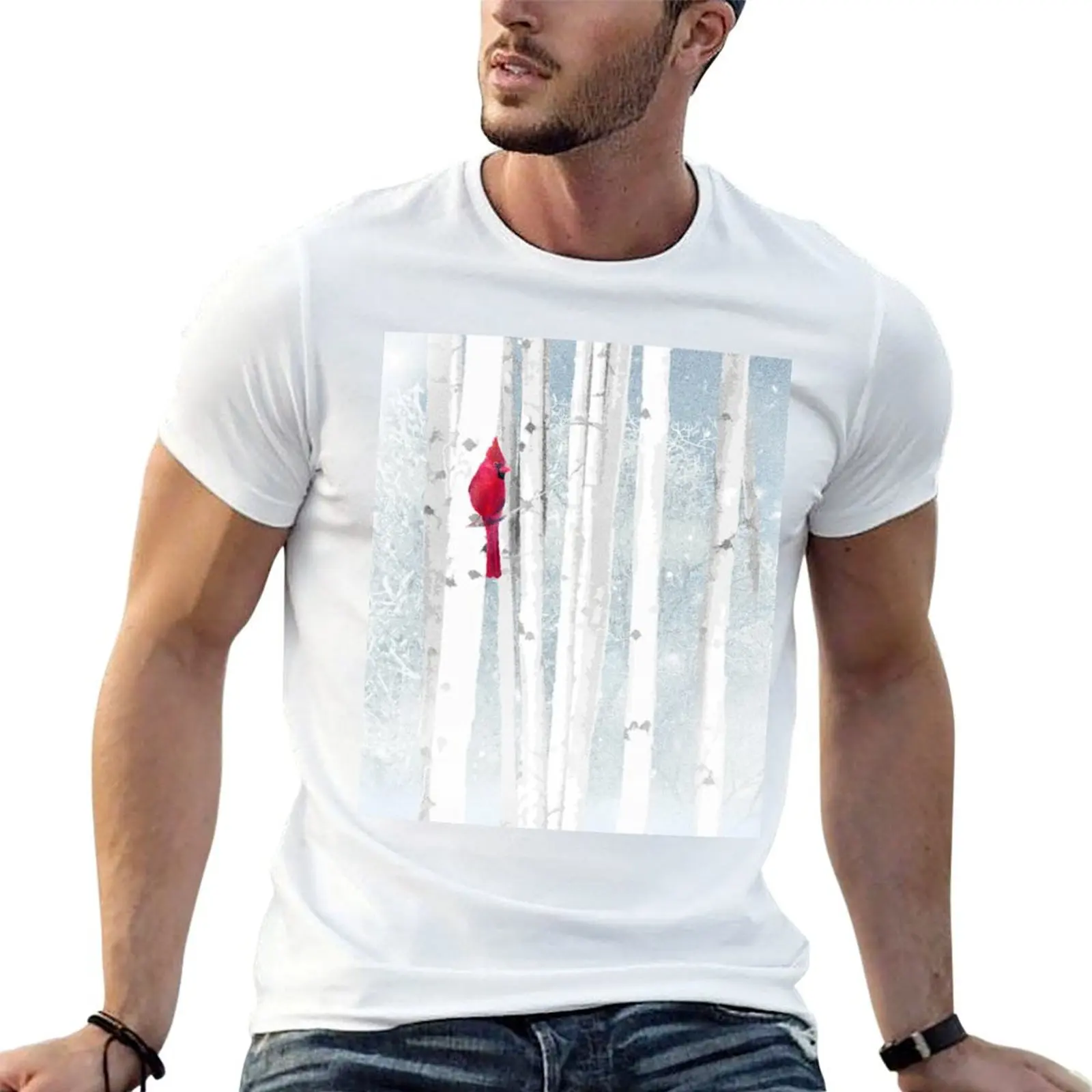 Watercolor Red Cardinal Bird Winter Birch Forest T-Shirt Casual Loose Fit Summer Tee Shirt
