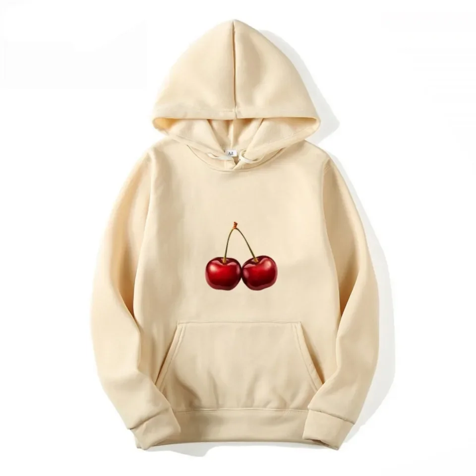 New Autumn Winter Cherry Printed Hooded Sweatshirt Long-sleeved For Men Women Casual Loose Plush Sports Pullover Hoodie
