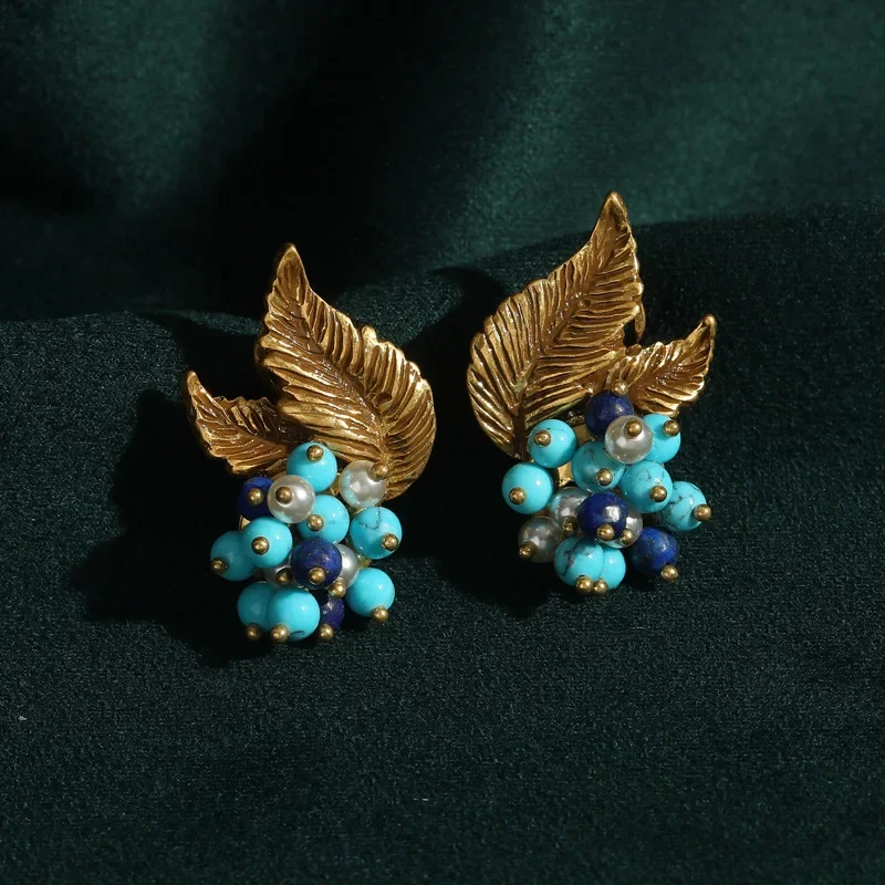 Bohemia Vintage Designer Gold Color Leaf Stud Earring Blue Rice Beads Inlaid Jewelry Gifts for Women Useful Accessoire Gothique