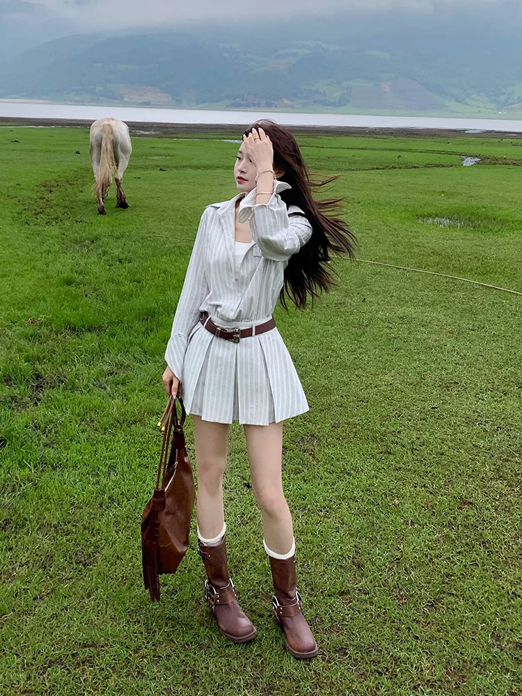 Abito camicia a righe da donna Gonna a trapezio a vita alta Manica lunga Manica coreana Design da pendolarismo Avvolgente in garza dimagrante Primavera