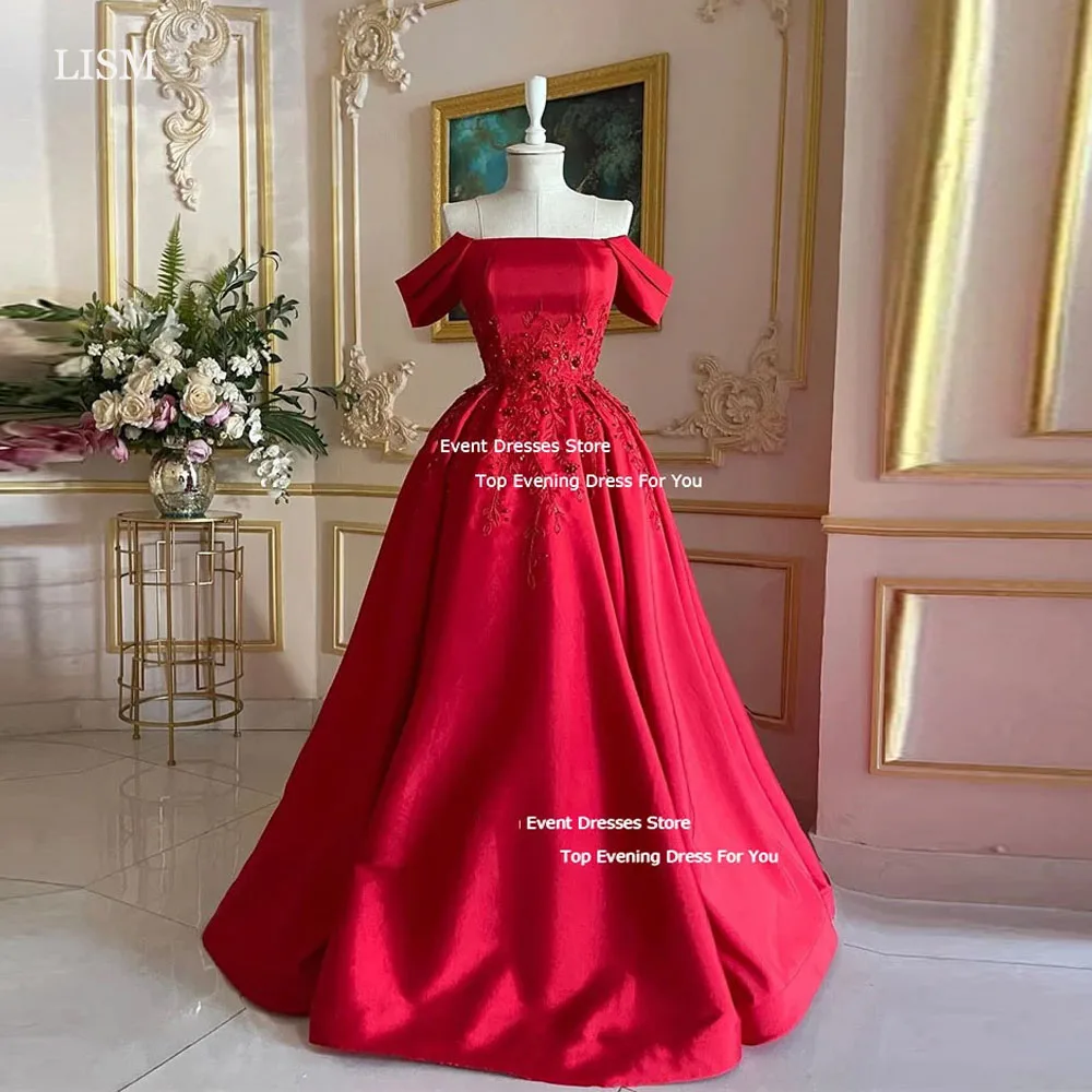 

LISM Gogerous Red Satin Long Evening Dresses Off The Shoulder Beads Sequined Prom Dresses A-Line Saudi Arabic Prom Gowns 2024