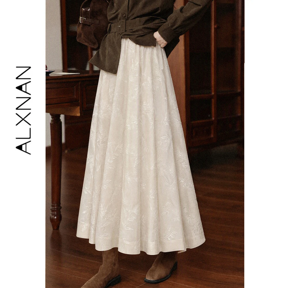 ALXNAN Vintage Chinese Style Skirt for Women Autumn High Waist Apricot A-line Long Skirt 2026 Fashion Female Clothing L681216A