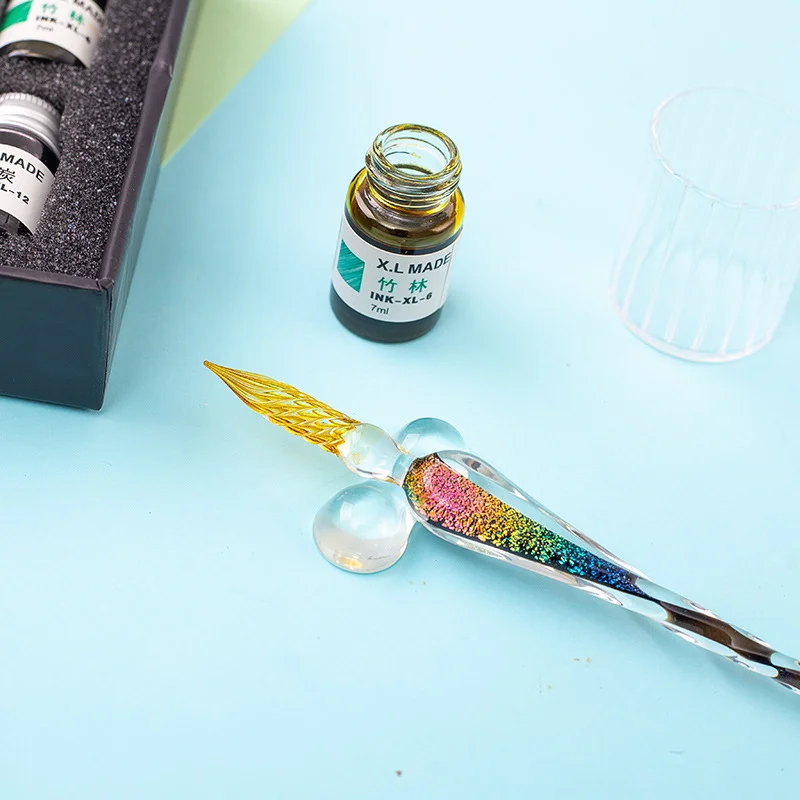 Star Glass Pen Dipped in Fountain Pen Gift Box Gold Powder Color Ink Set for Students, Net Red Tiktok Creative Gift Pen