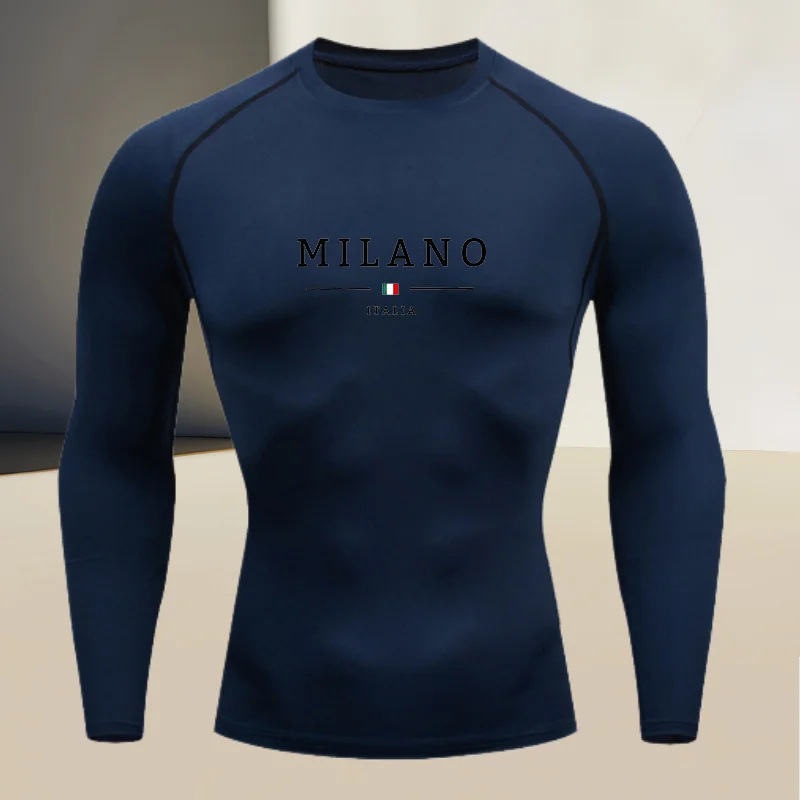 Men's round neck long sleeved, gym workout compression quick drying base shirt, made of high elasticity and breathable fabric