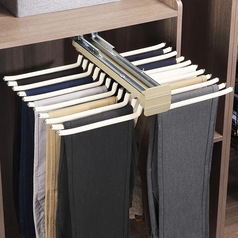 

Household wardrobe cloakroom double-row top-mounted damping telescopic pull-out pants rack slide rail pants hanging