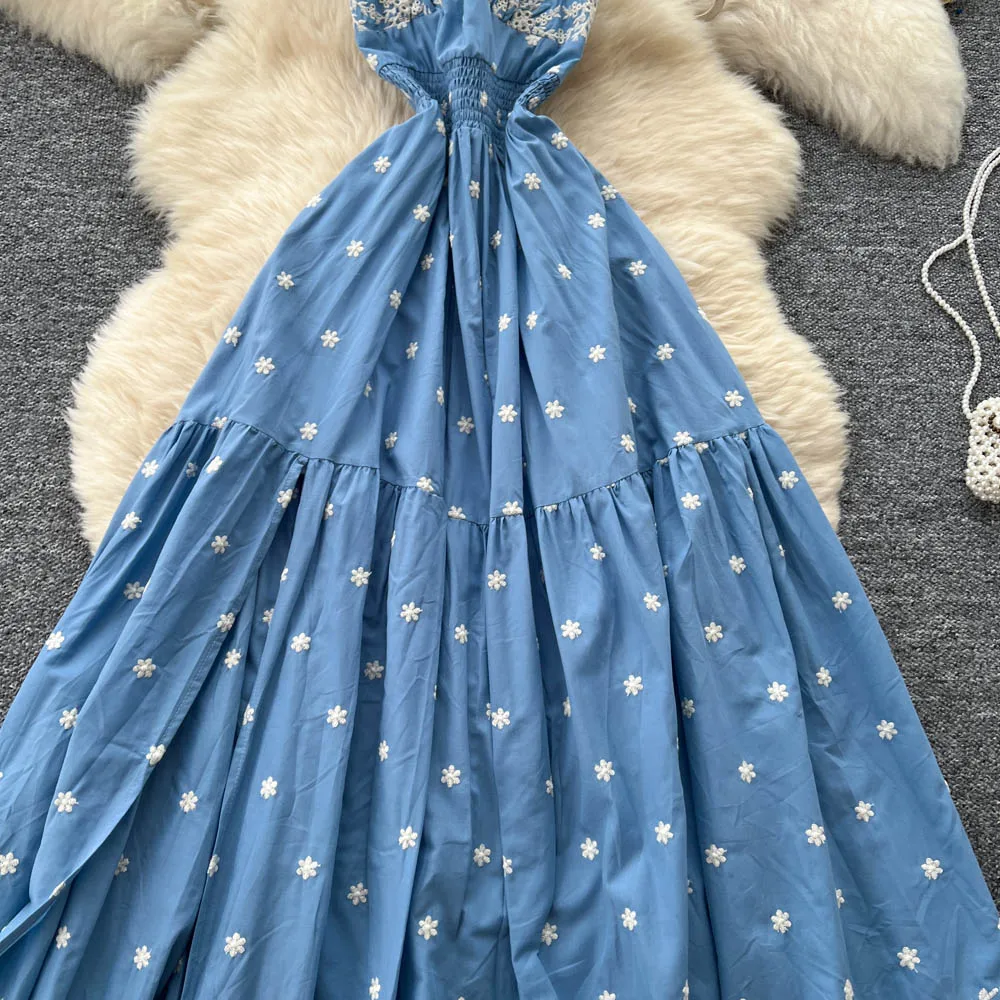 Chic stampa vintage dolce ricamato sottile elegante fata moda coreana Boho vestito estivo abbigliamento donna Abito lungo