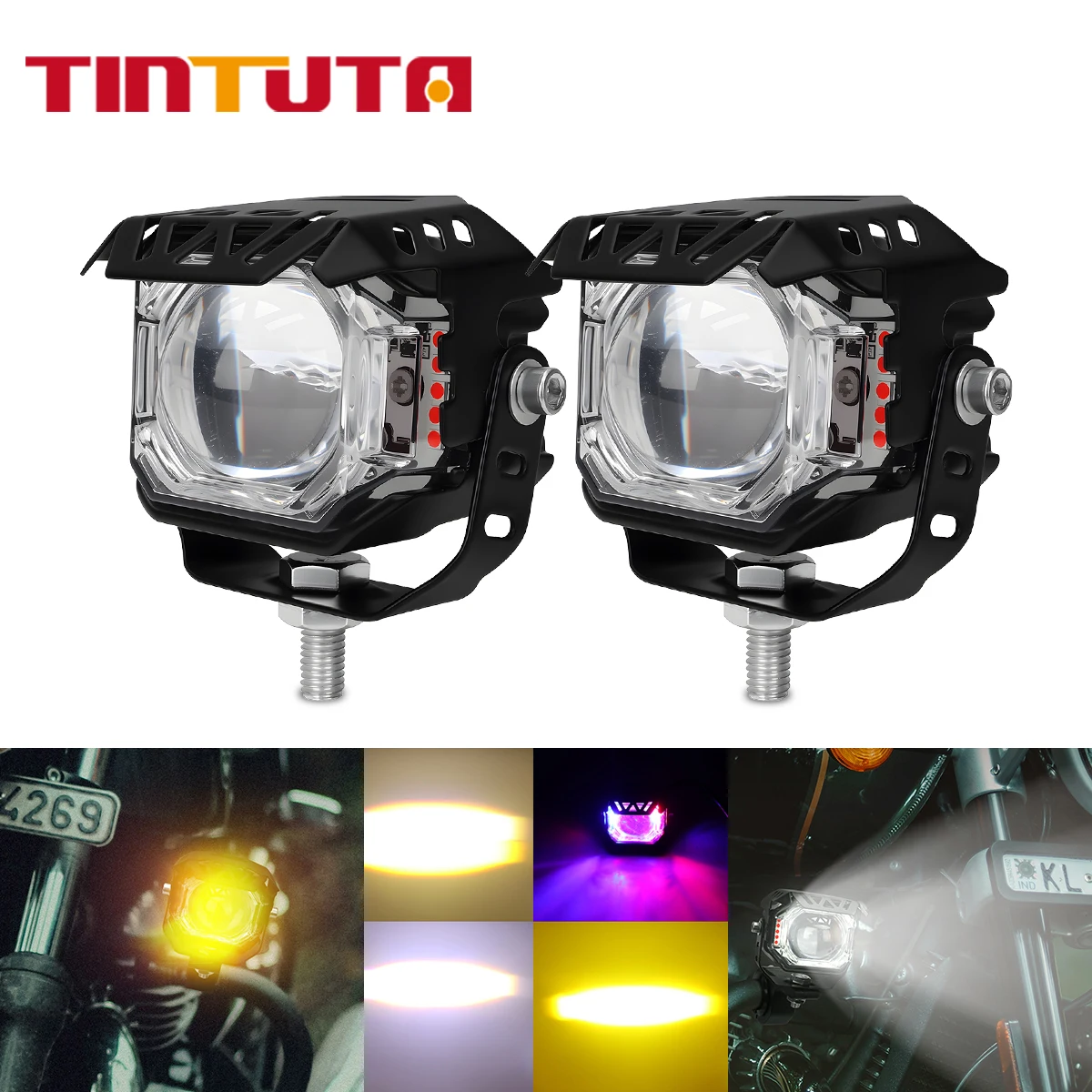 

Motorcycle LED Spotlight Auxiliary Fog Lamp Hi/Lo Beam Light LED Lens Dual Color Yellow White Day Running Light Flash Red Blue