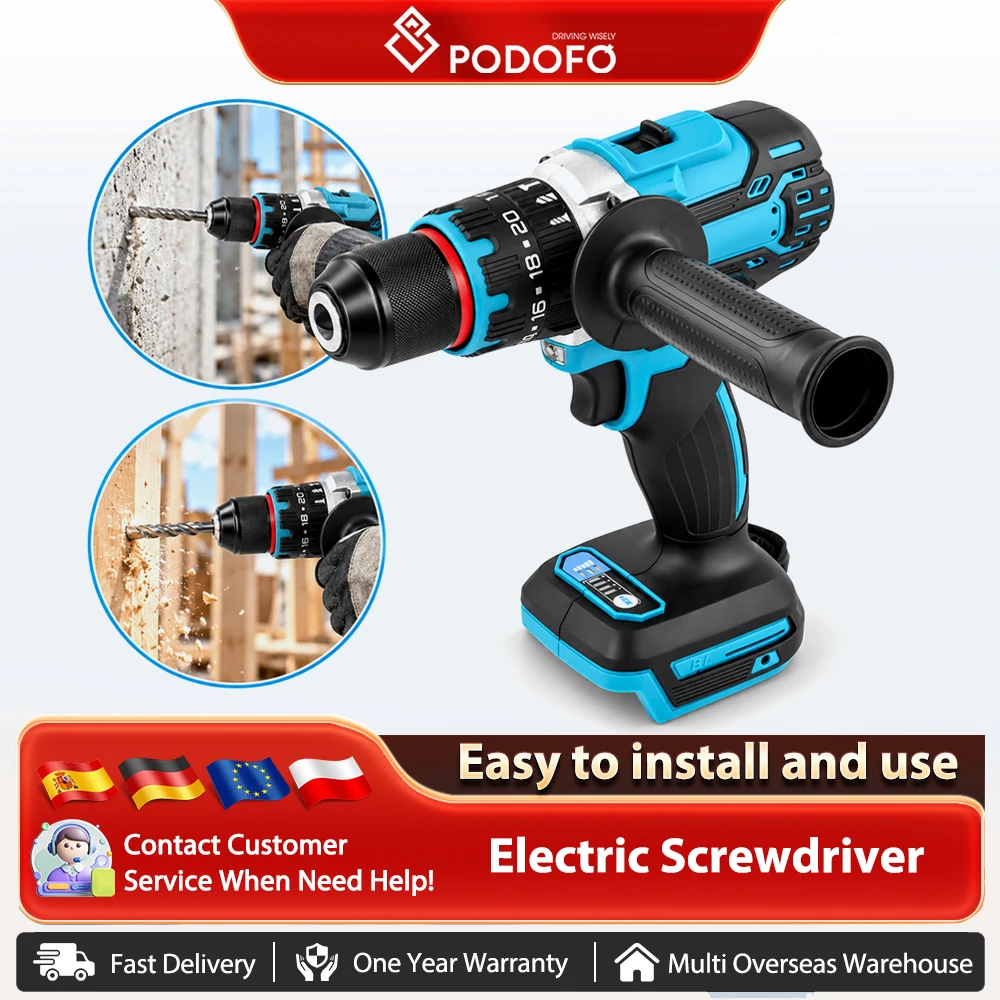 Podofo 20 + 3 Trapano Avvitatore Elettrico Brushless con Coppia 480N.m, Trapano Avvitatore a Impatto Elettrico, Martello Rotante, Utensile da Trapano Brushless con Luce di Lavoro a LED Integrata,