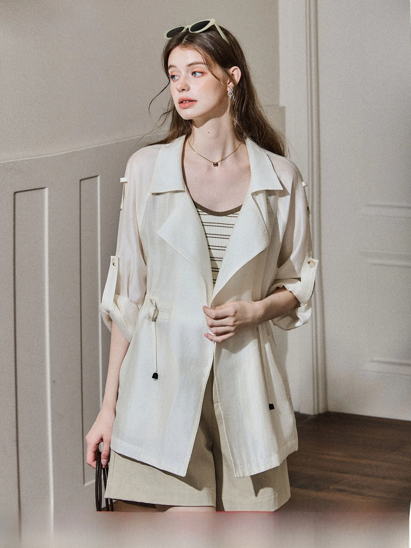 Lace Long Sleeve Women's Coat Autumn Commute Intelligent Turn-down Collar Drawstring Waist Breathable Lightweight Outerwear