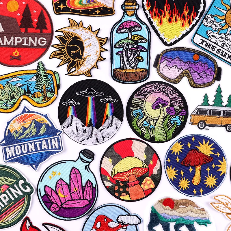 UFO Embroidery Patch Mountain Camping Patch Iron On Patches For Clothing Thermoadhesive Patches On Clothes Mushroom Sew Sticker