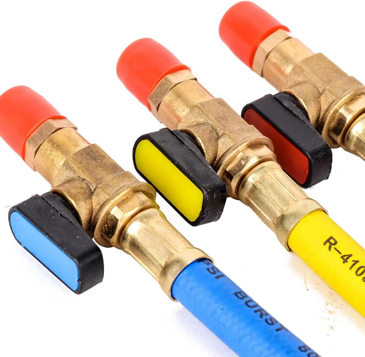 3pcs Brass R134a R410a 800PSI Manifold Gauge Set Shutoff Red Yellow Blue A/C Refrigeration Charging Hoses 19cm Length