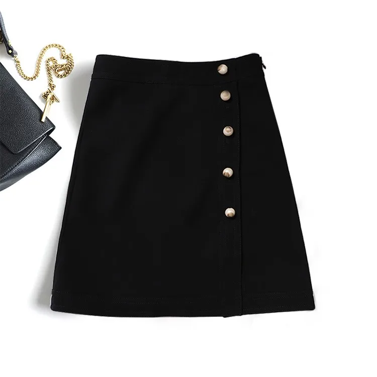 

New slimming versatile pearl buckle A-line half skirt, small black , half body