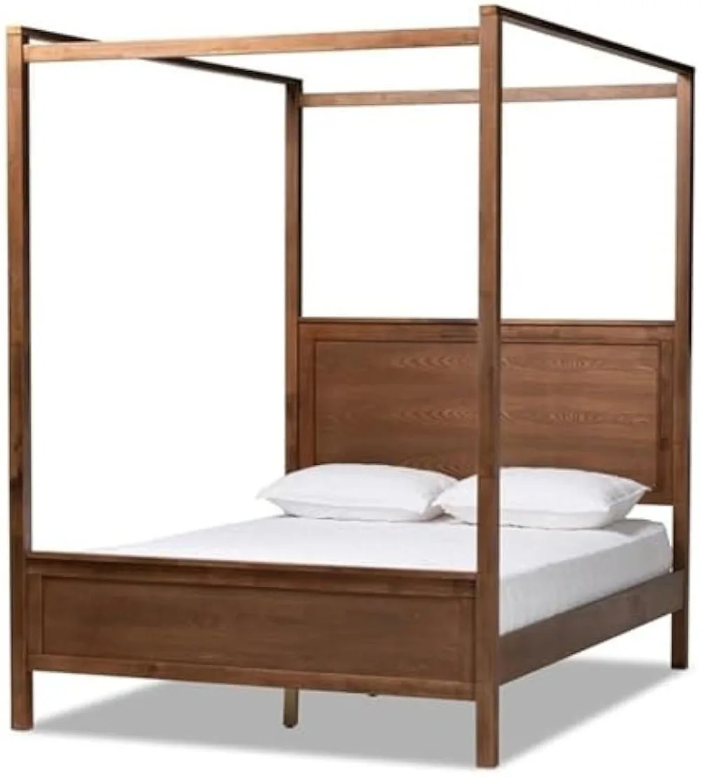 

BOWERY HILL Modern Wood King Size Platform Canopy Bed in Walnut Brown