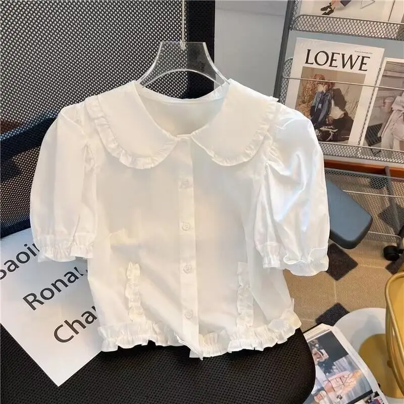 

Shirts Women Kawaii Lolita Style Summer Chic New Fashion Korean Ladies Peter Pan Collar Lovely Blusas Casual Crops All-match JK